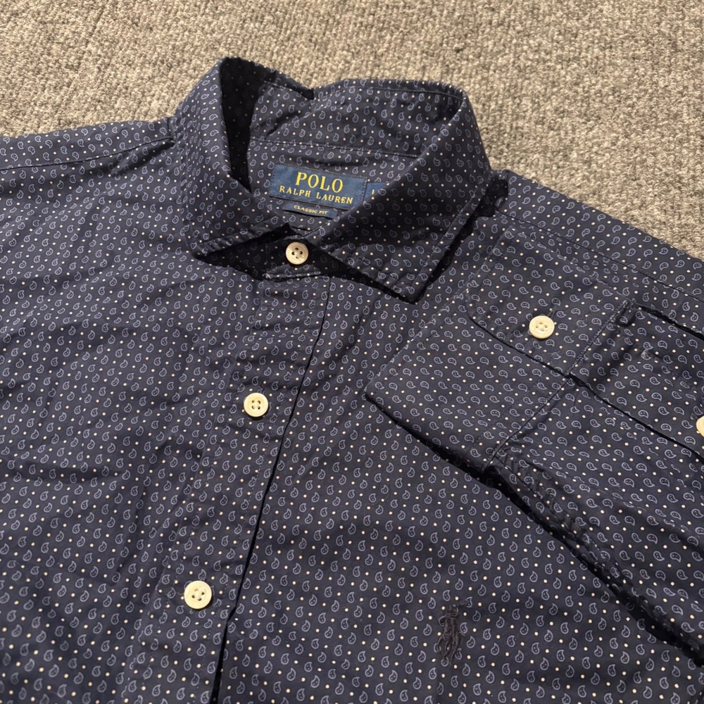 Polo Ralph Lauren Mens Classic Fit Paisley Dot Button Down Shirt Navy Blue L